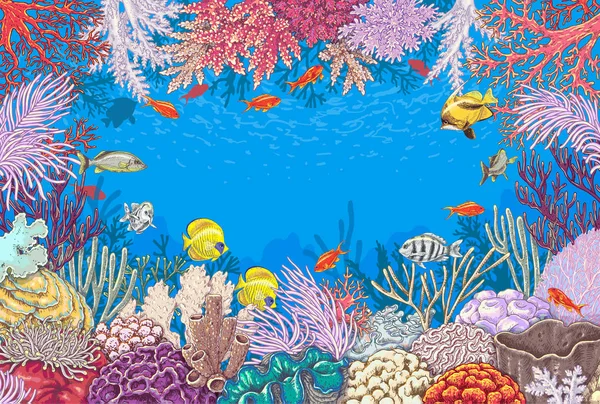 Underwater Background with Corals  and Fishes — Stock Vector