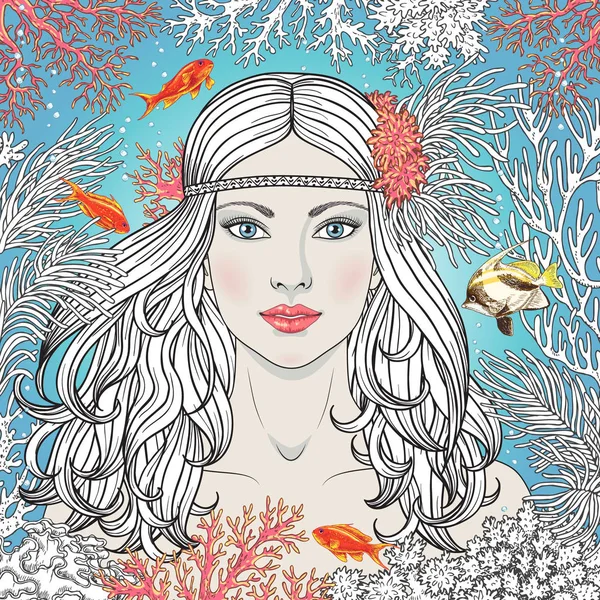 Sirène fille parmi les coraux et les poissons — Image vectorielle