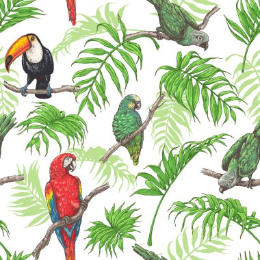 Parrots,  Toucan and Palm Leaves Pattern