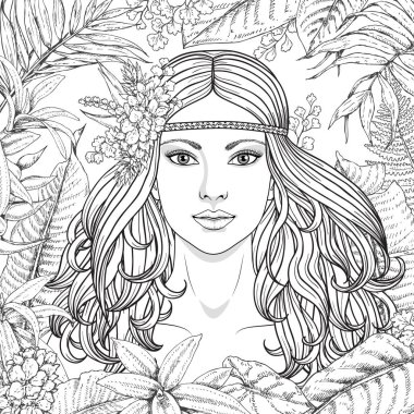 Girl and  tropical plants  clipart