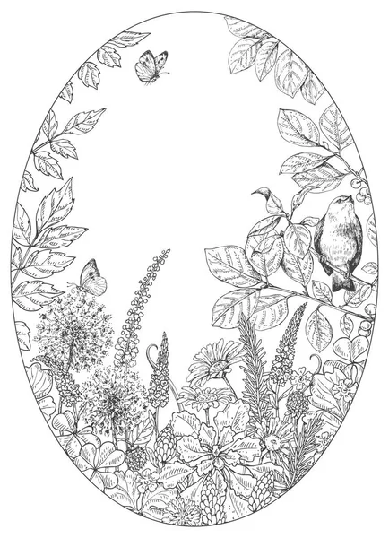 Нарисованные вручную полевые цветы, бабочки и птицы . — стоковый вектор