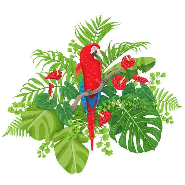 Guacamayo rojo y plantas tropicales — Archivo Imágenes Vectoriales