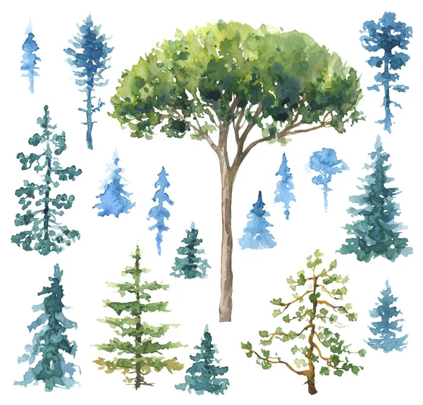 Uppsättning av akvarell barrträd — Stockfoto