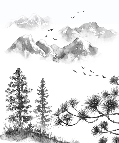 Paysage d'encre orientale avec montagnes — Photo