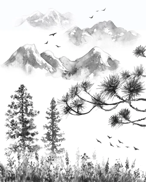 Paysage d'encre avec montagnes et arbres — Photo