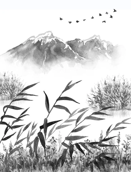 Paisagem de tinta com montanhas e juncos — Fotografia de Stock