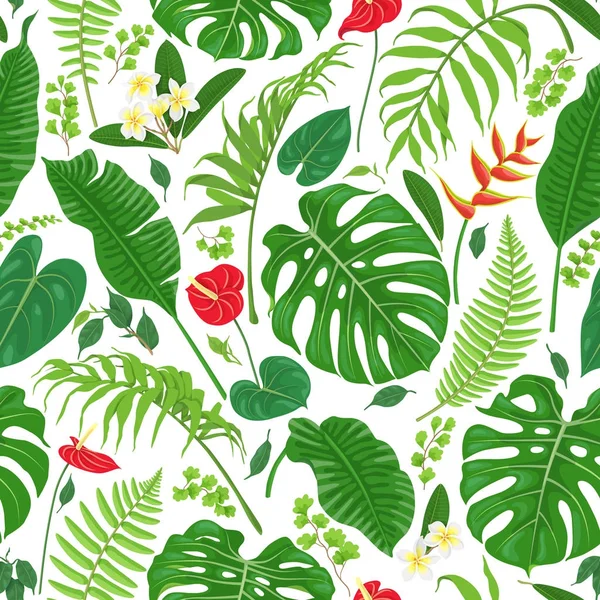 熱帯の葉と花のパターン — ストックベクタ
