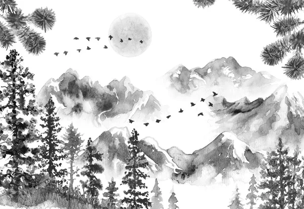 Mürekkep peyzaj dağlar ve köknar ağaçları ile — Stok fotoğraf