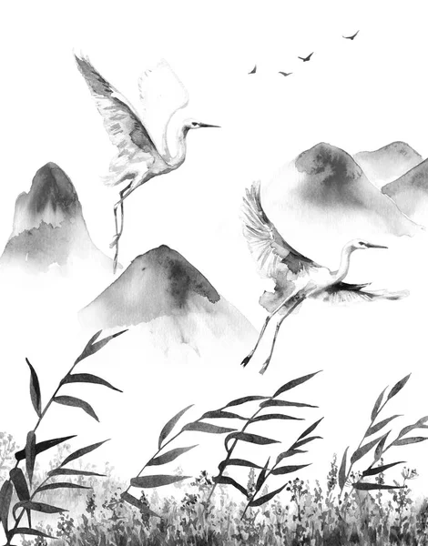 Cena de montanhas com cegonhas voadoras — Fotografia de Stock