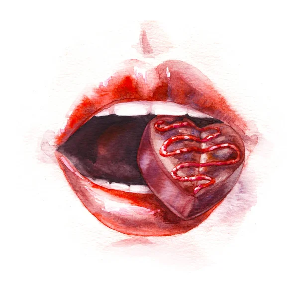 Женский рот с шоколадной конфеткой — стоковое фото