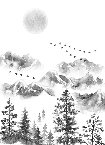 Tintenlandschaft mit Bergen, Mond und Tannen — Stockfoto