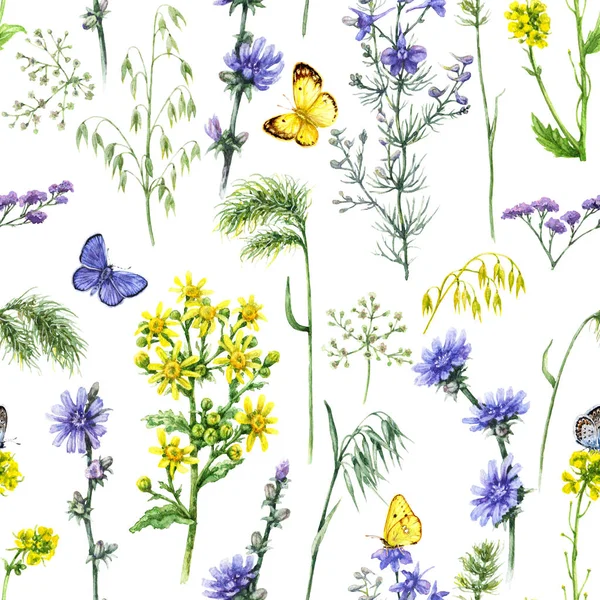 Niebieskie i żółte pole kwiatów wzór — Zdjęcie stockowe