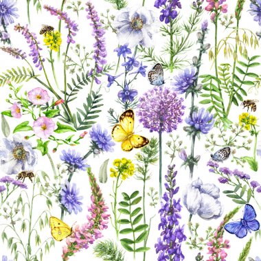 Yabani çiçekler ve kelebekler desen