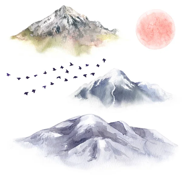 Aquarelle Montagnes, oiseaux et lune — Photo