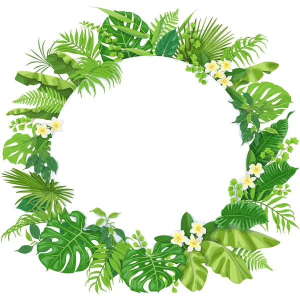 Kulatý rám s tropické listy a květy — Stockový vektor