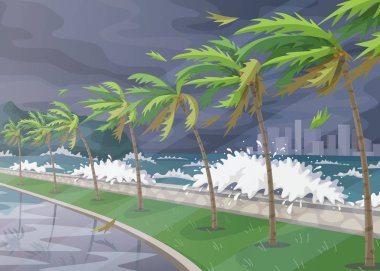 Beginning of storm in ocean, huge waves, dark sky, palm trees on high wind along coast. Tropical landscape during natural disaster. Hurricane incoming vector flat illustration. clipart