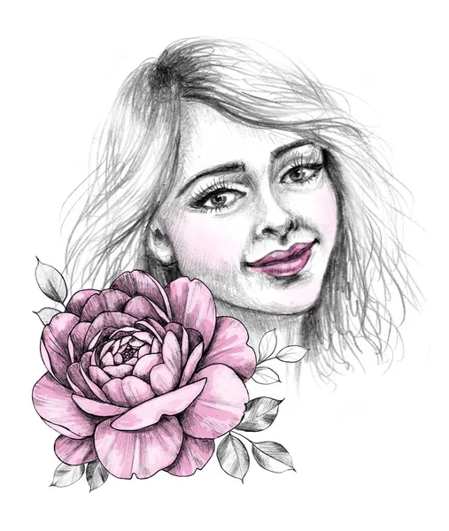 Beautiful  Girl  Face and Pink Rose — Stock Photo, Image