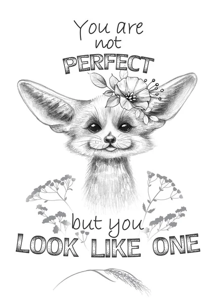 Caricature Fennec Fox avec fleur et inscription — Photo