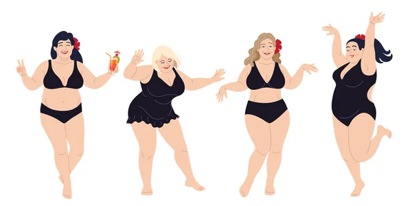 Baile más tamaño mujeres felices en trajes de baño negros — Archivo Imágenes Vectoriales