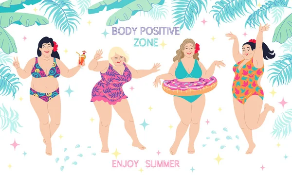 Danse Plus Taille Happy Women en maillots de bain colorés — Image vectorielle