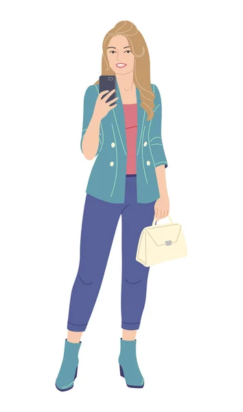 Jeune femme tenant smartphone — Image vectorielle