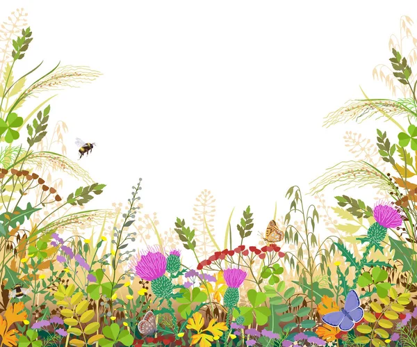 Красочная рамка с осенними луговыми растениями и насекомыми — стоковый вектор
