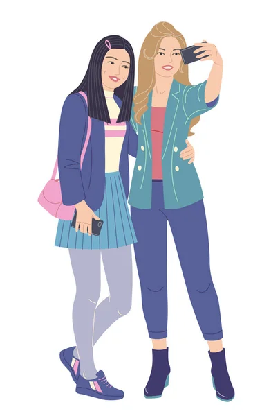 Mujeres jóvenes tomando foto selfie en Smartphone . — Vector de stock