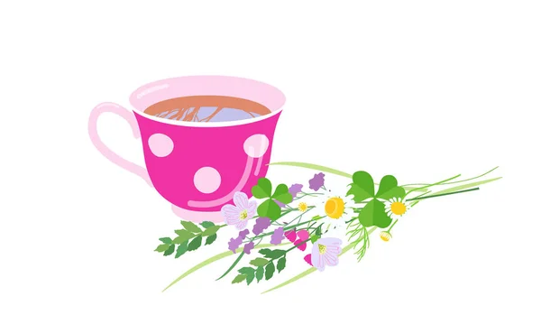 Tea Cup och Wildflowers Isolerad på vitt — Stock vektor