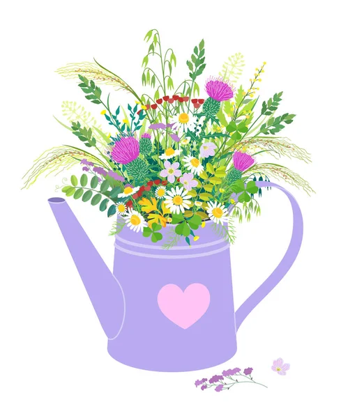 Watering Can with Wild Flowers Bouquet — Stock Vector