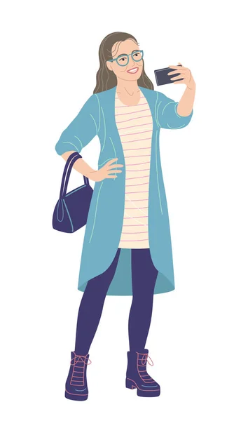 Young Woman Taking Selfie Photo on Smartphone. — Stock Vector