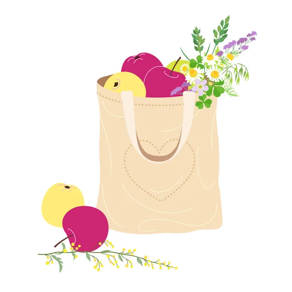 Textile  Eco Bag with Apples and Wildflowers. — Stock Vector