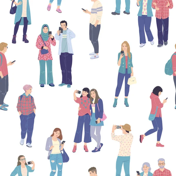 Crowd of People Using Smartphones Seamless Pattern — 스톡 벡터