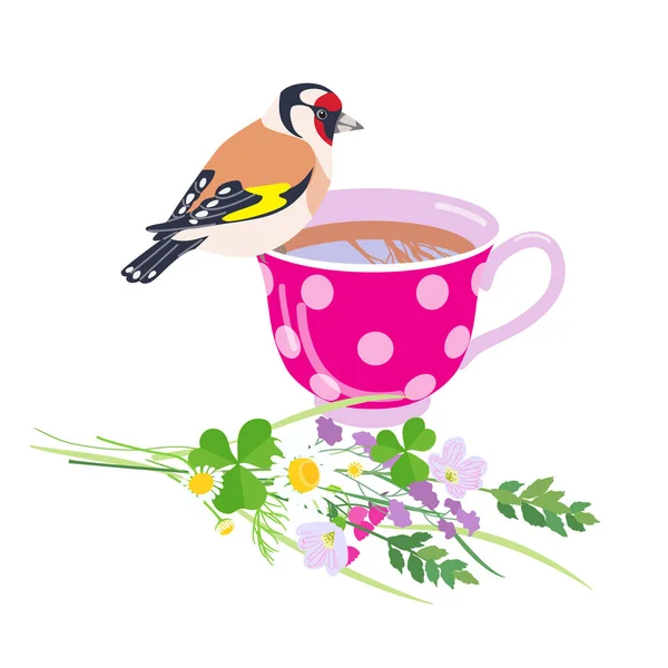 Copa de té, jilguero y flores silvestres Ramo — Archivo Imágenes Vectoriales