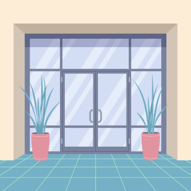 Office Interior with Door and Pot Plants.