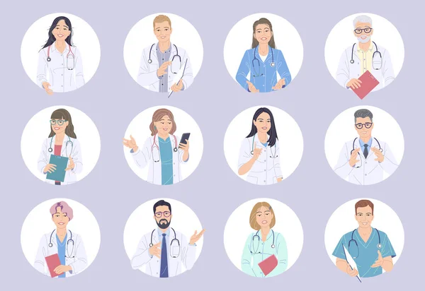 Avatares Personajes Masculinos Femeninos Médicos Enfermeras Conjunto Amistosos Trabajadores Médicos — Vector de stock