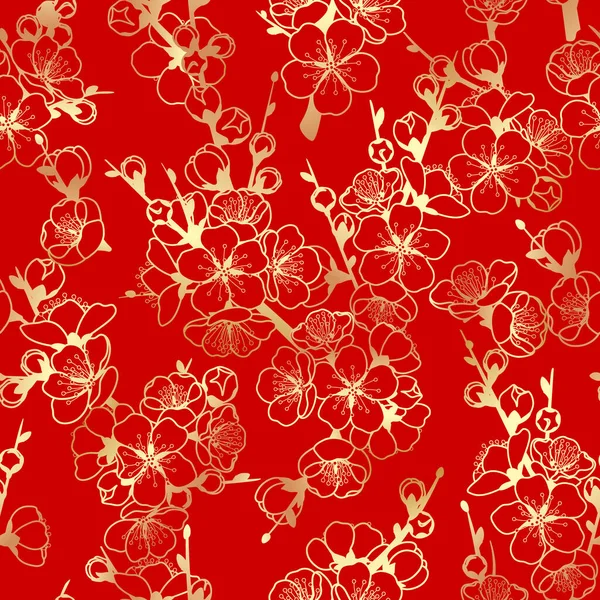 Rotes Nahtloses Muster Mit Goldblühenden Ästen Endlose Textur Dekoration Mit — Stockvektor