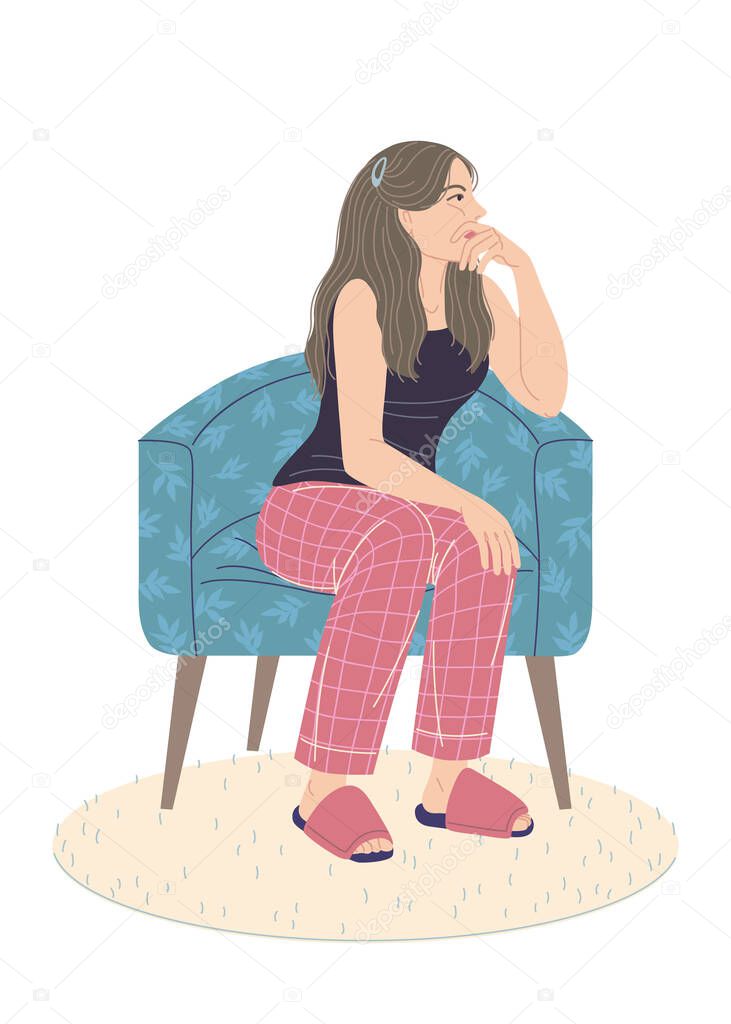 Pensive young woman sitting in armchair isolated on white. Sad girl in pajamas, slippers sits on chair and looks away. Feeling loneliness, apathy, emotional burnout concept. Vector flat illustration.