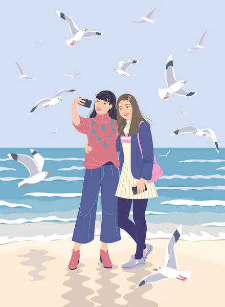 Mujeres Jóvenes Tomando Fotos Selfie Teléfono Inteligente Costa Del Mar — Vector de stock