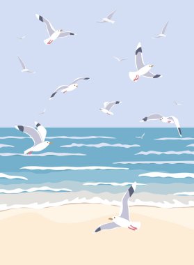 Simple natural background with sea coast scenery. Serenity landscape with blue water, small waves and flying seagulls in clear sky vector flat illustration. clipart
