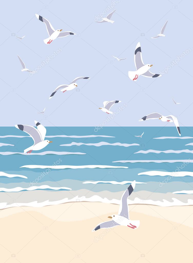 Simple natural background with sea coast scenery. Serenity landscape with blue water, small waves and flying seagulls in clear sky vector flat illustration.