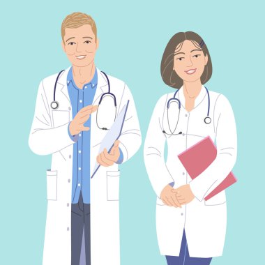 İki doktor erkek ve kadın basit karakterler. Beyaz önlüklü dost canlısı sağlık görevlileri turkuaz arka planda izole edilmiş. Doktor hastayla buluşuyor. Sağlık hizmeti vektörü düz illüstrasyon.