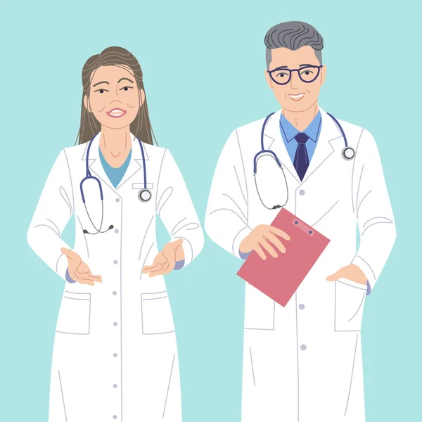 Dos Doctores Hombre Mujer Personajes Simples Amistosos Trabajadores Médicos Con — Vector de stock