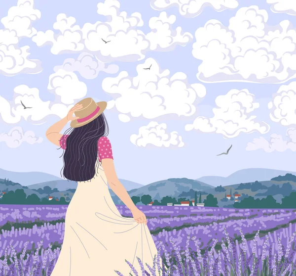 Young Woman Enjoys Scenery Lavender Field Dreamy Girl Straw Hat — Stock Vector