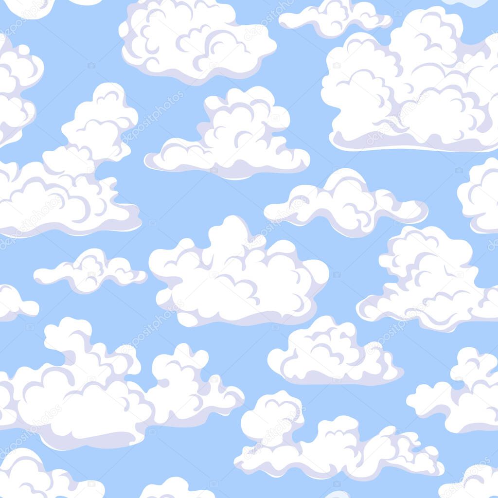Seamless pattern made with floating clouds in blue sky. Endless texture with white cumulus cloud on azure background vector cartoon illustration 