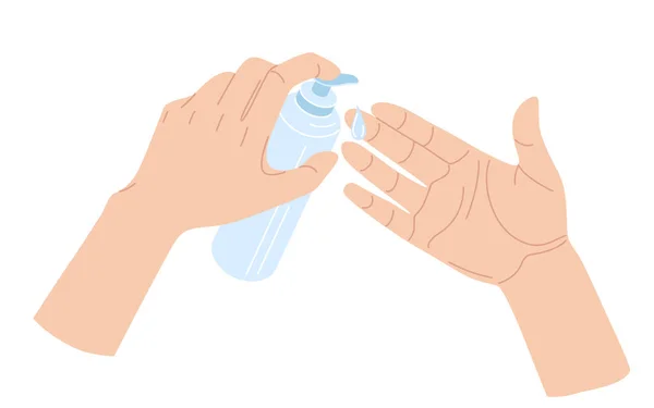 Woman Hands Holding Hand Sanitizer Gel Isolated White Bottle Liquid — Stock Vector