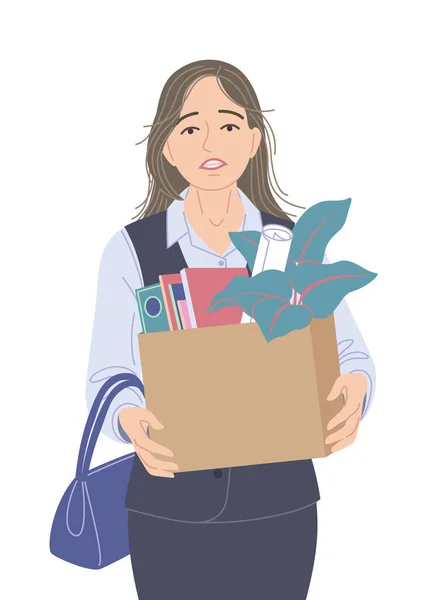 Dejected Woman Dismissed Her Job Office Fired Worker Carrying Box — Stock Vector