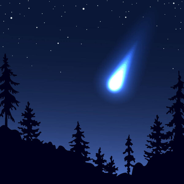 Night landscape with starry sky, silhouettes of trees and falling meteorite.  Simple background with bright flash celestial body. Big asteroid passes close to the earth. Vector flat illustration.