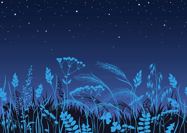 Płynna Granica Pozioma Dzikimi Roślinami Świetle Księżyca Niebieskie Sylwetki Trawy — Wektor stockowy