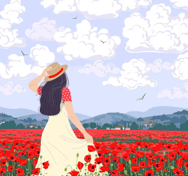 Young Woman Enjoys Scenery Poppies Field Dreamy Girl Straw Hat — Stock Vector