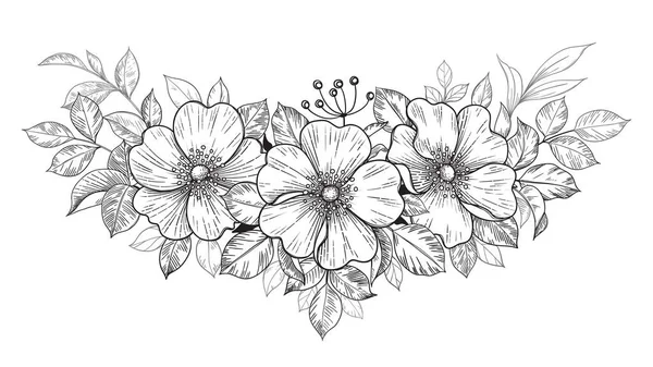白地に花や葉が孤立した手描きの犬バラの束 ヴィンテージスタイル タトゥーデザイン 着色ページ 結婚式の装飾でベクトルラインアートモノクロエレガントな花の組成 — ストックベクタ